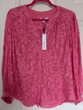 Chico's Hot Pink Embroidered Leaf Sheer Blouse,NWT, Large,-read